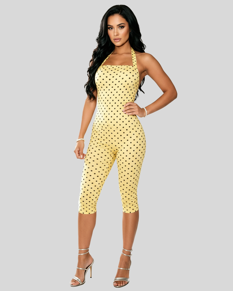 Fashion Polka‑Dot Sleeveless Halter Bodycon Cropped Jumpsuit