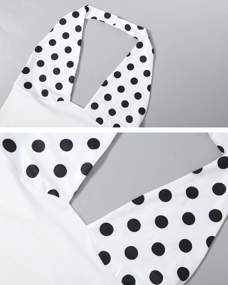 Stretchy Fashion Polka Dot Print V-Neck Crop Top & High Waist Slim Fit Pants Set