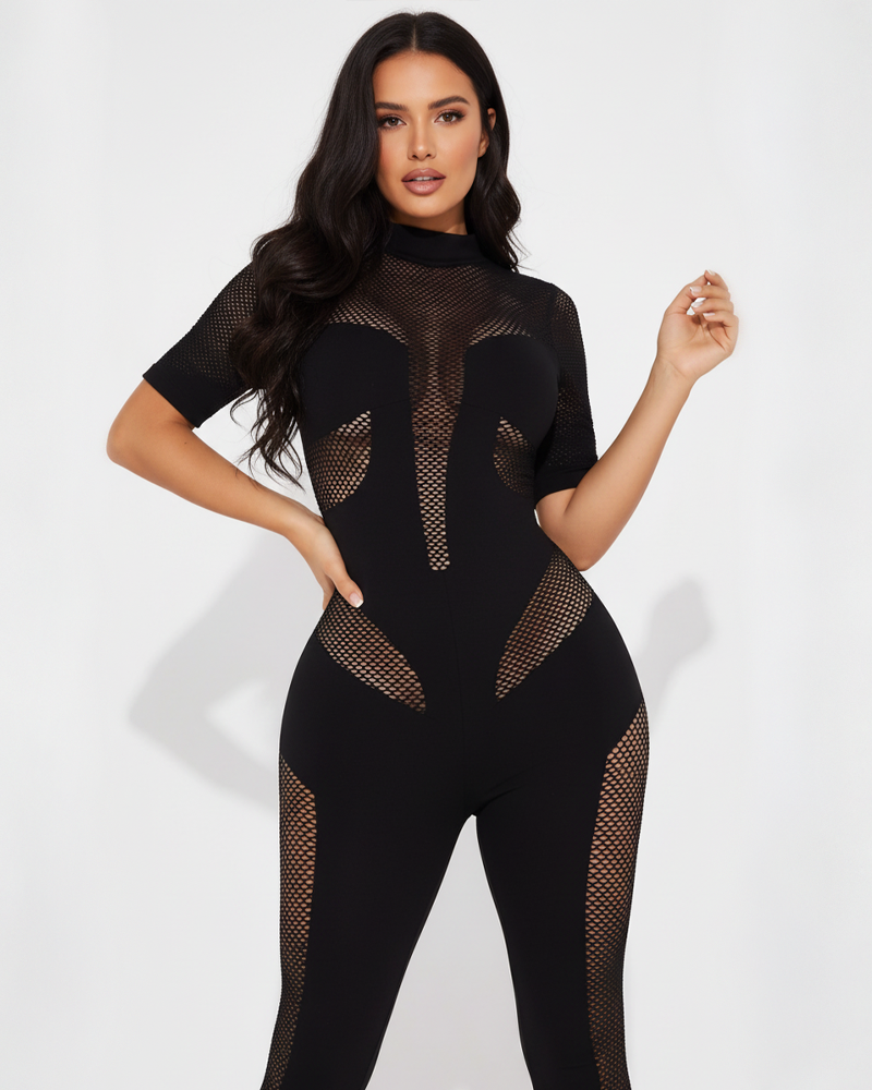 Halloween Mesh Panel High Neck Bodycon Jumpsuit