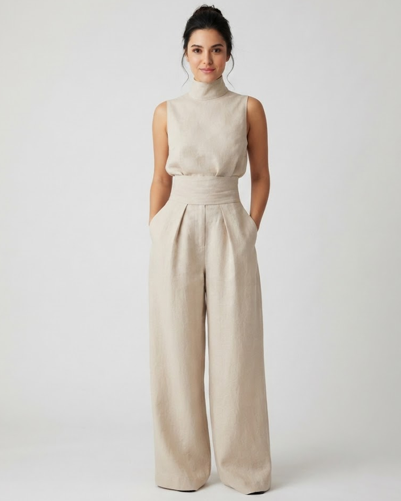 High Neck Backless Top Matching High Waist Wide Leg Trousers Outfit Set