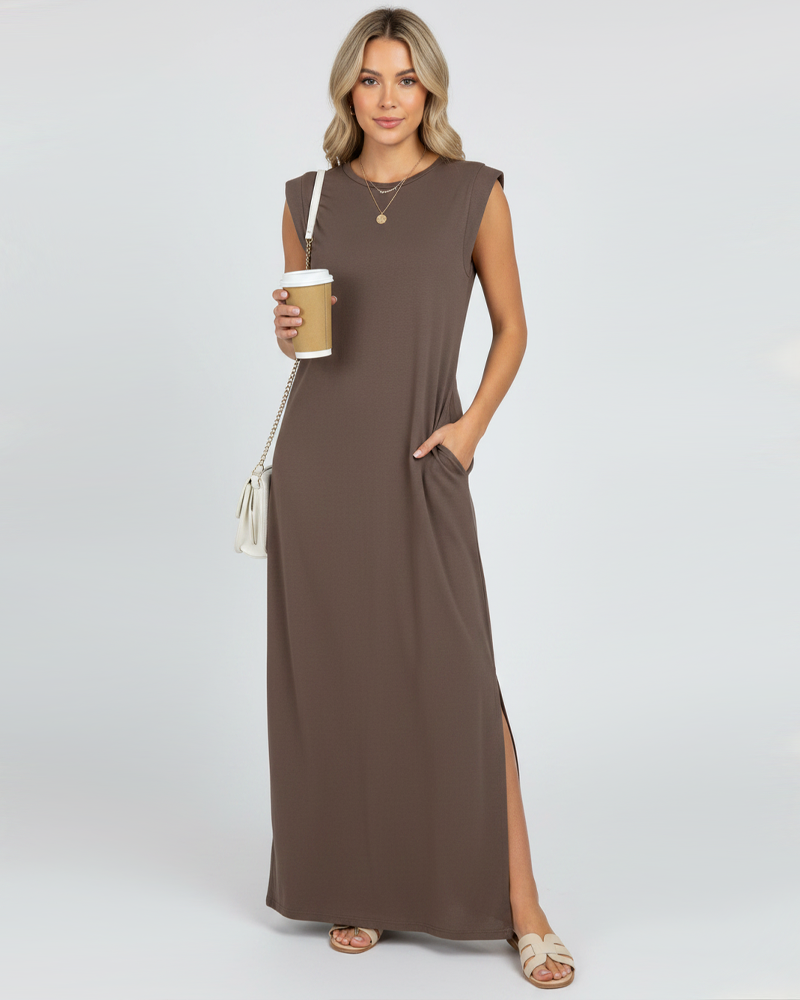 Crew Neck Casual Loose Long Vacation Dress With Pockets
