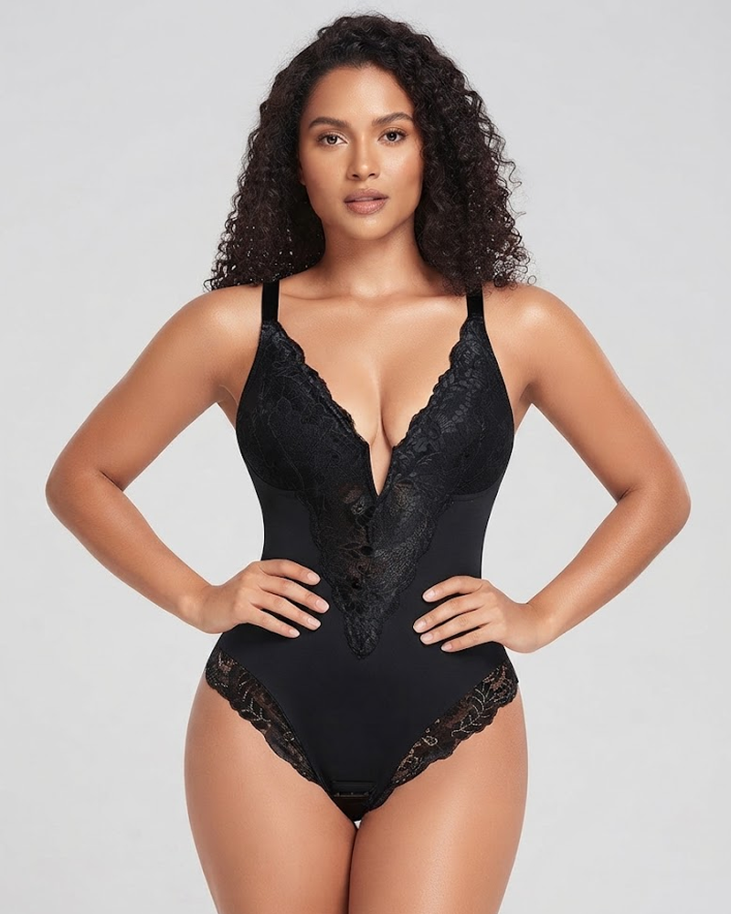 V‑Neck Lace Tummy Control Shaper Bodysuit (Pre‑Sale)