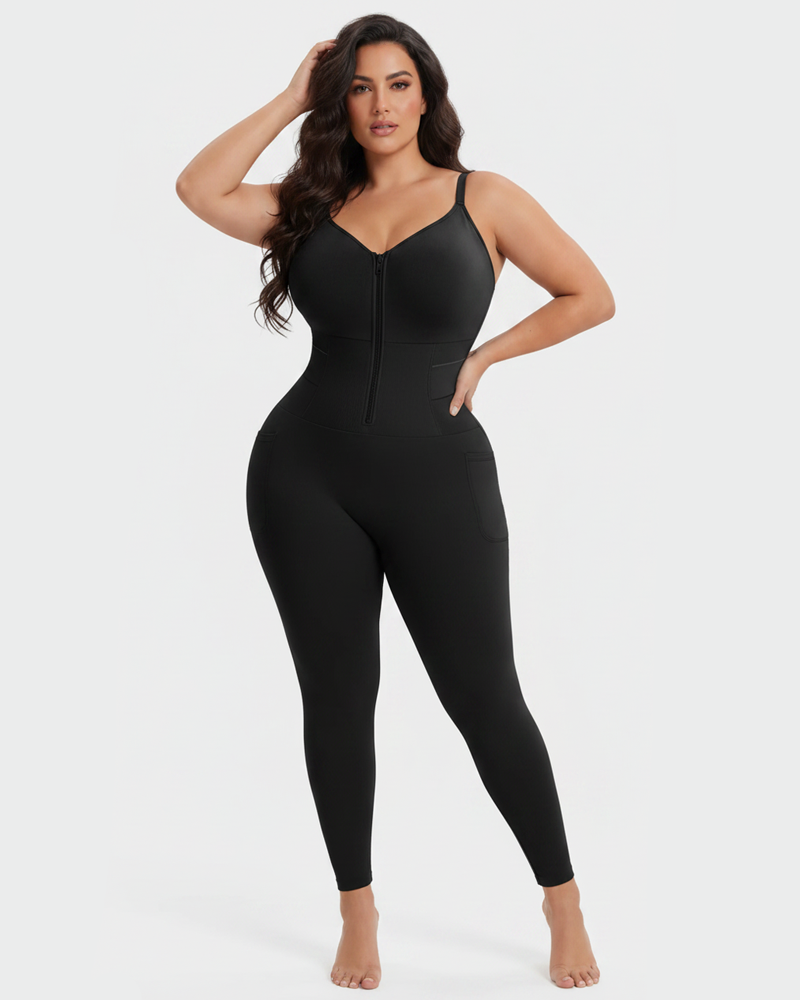 Front Zipper Full Body Shaper With Pockets Removable Pads Easy Take‑Off (Pre‑Sale)