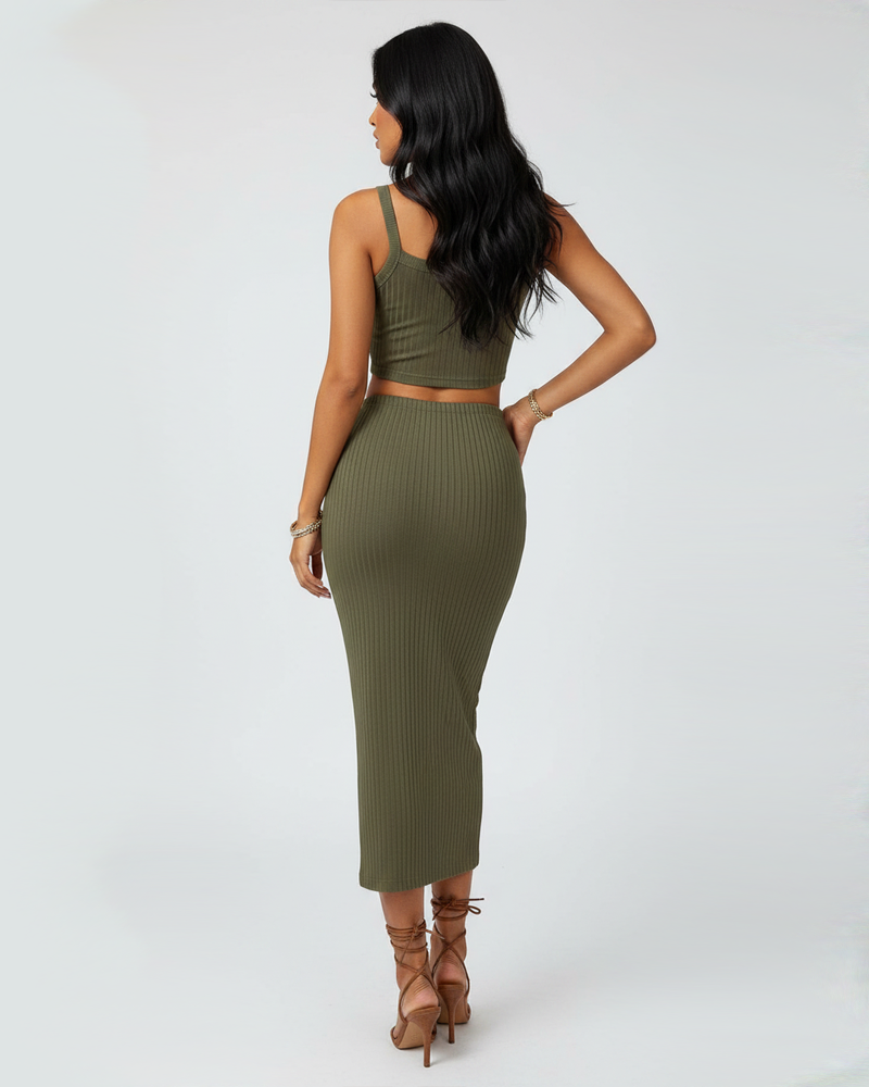 Casual Cropped Cami Top Front Slit Knot Midi Skirt Set