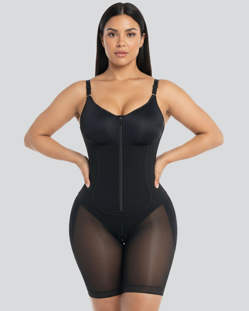 U‑Shape Compression Front Zipper Tummy Control Butt Lifter Mesh Shapewear Bodysuit（Pre‑Sale）