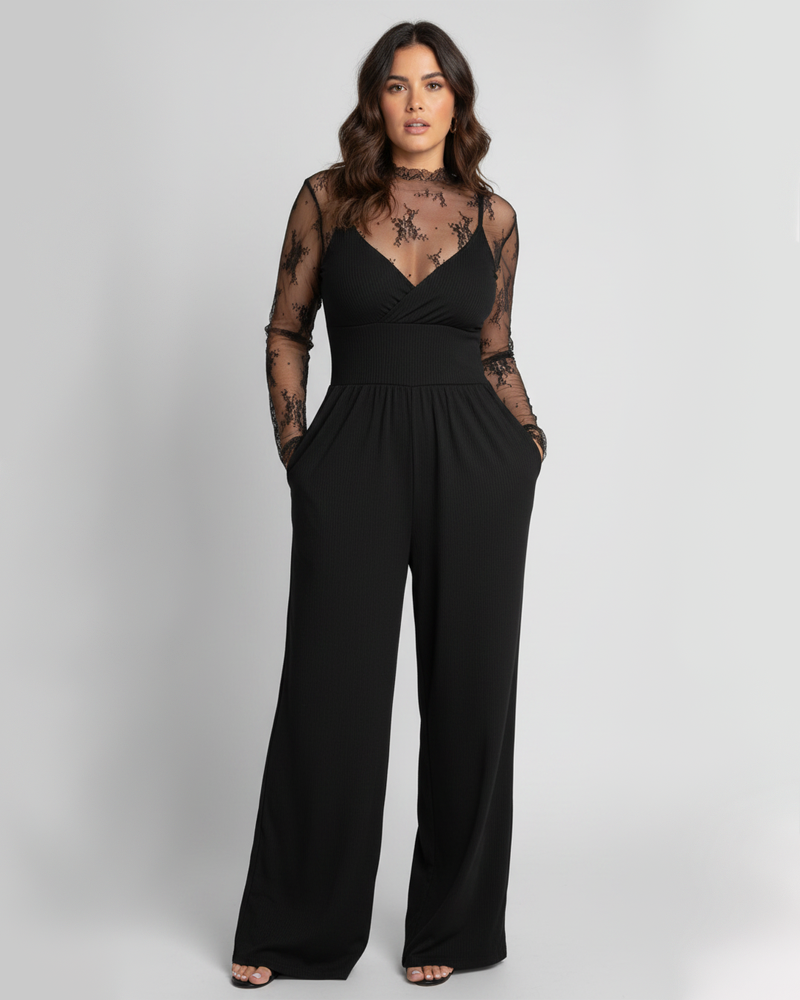 Lace T‑Shirt & Cami Fitted Wide‑Leg Pocket Jumpsuit Set