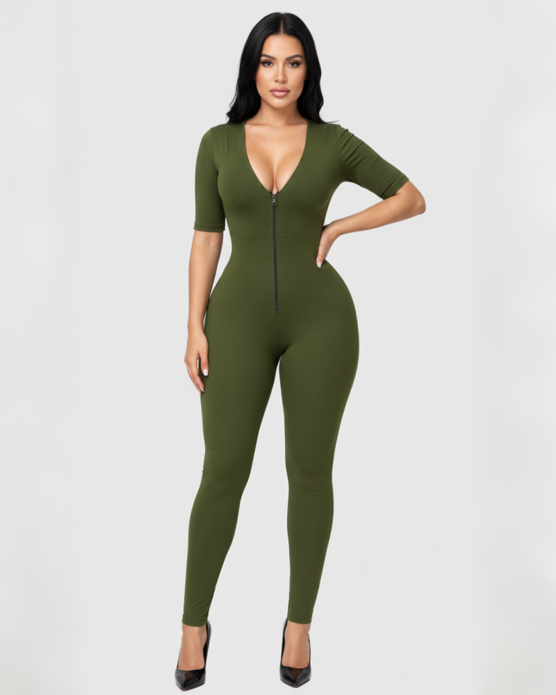 V-Neck Front Zip Mid Sleeve Bodycon Shaping Jumpsuit（Pre-Sale）