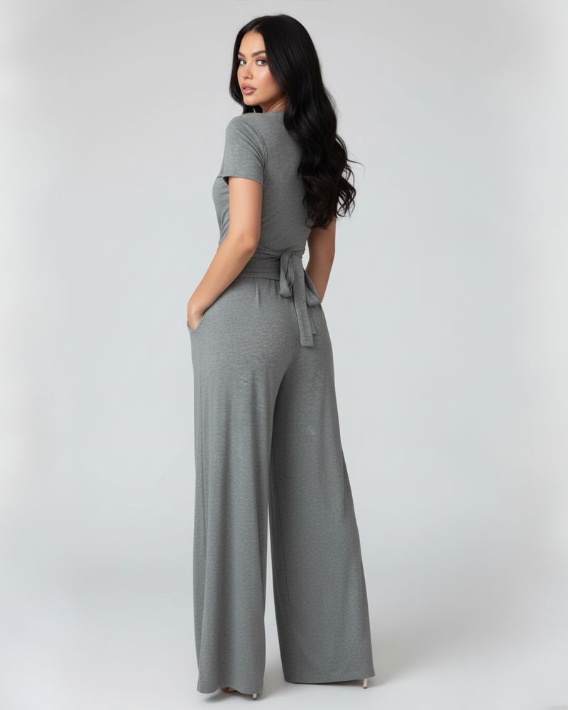 Women Wrap V Neck Short Sleeve Top & High Waist Wide Leg Pants Casual 2 Piece Outfit