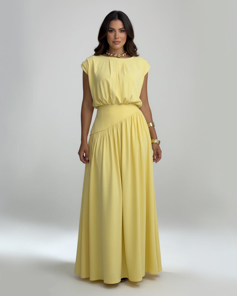 Sleeveless Pleated Overlay Maxi Skirt Set With Built-In Shapewear Bodysuit（Pre-Sale）
