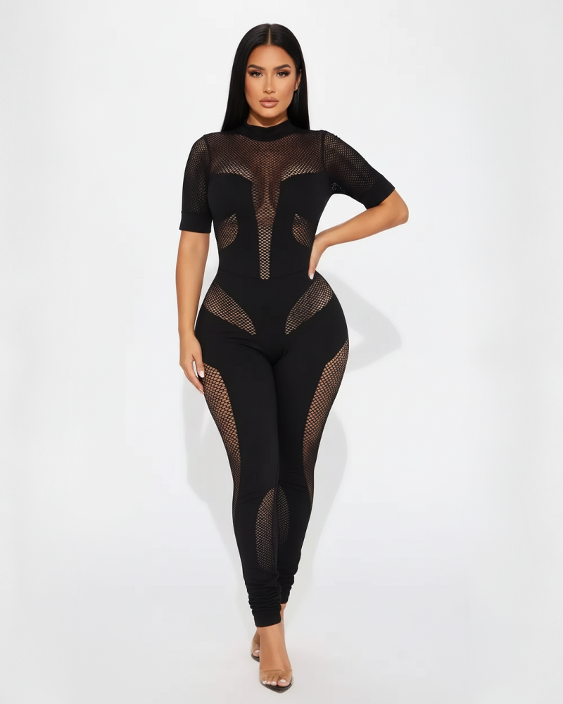 Halloween Mesh Panel High Neck Bodycon Jumpsuit