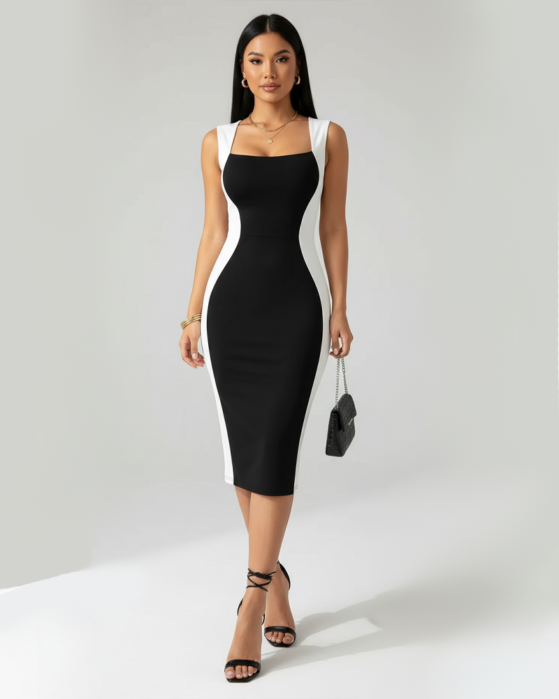 Women's Color Block Square Neck Side Panel Slim Fit Midi Dress