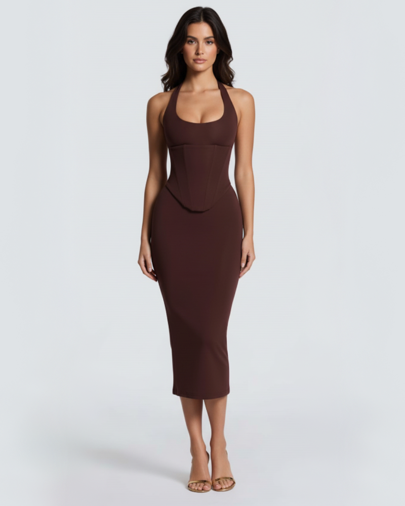 Halter Tie Boned Corset Midi Bodycon Evening Dress