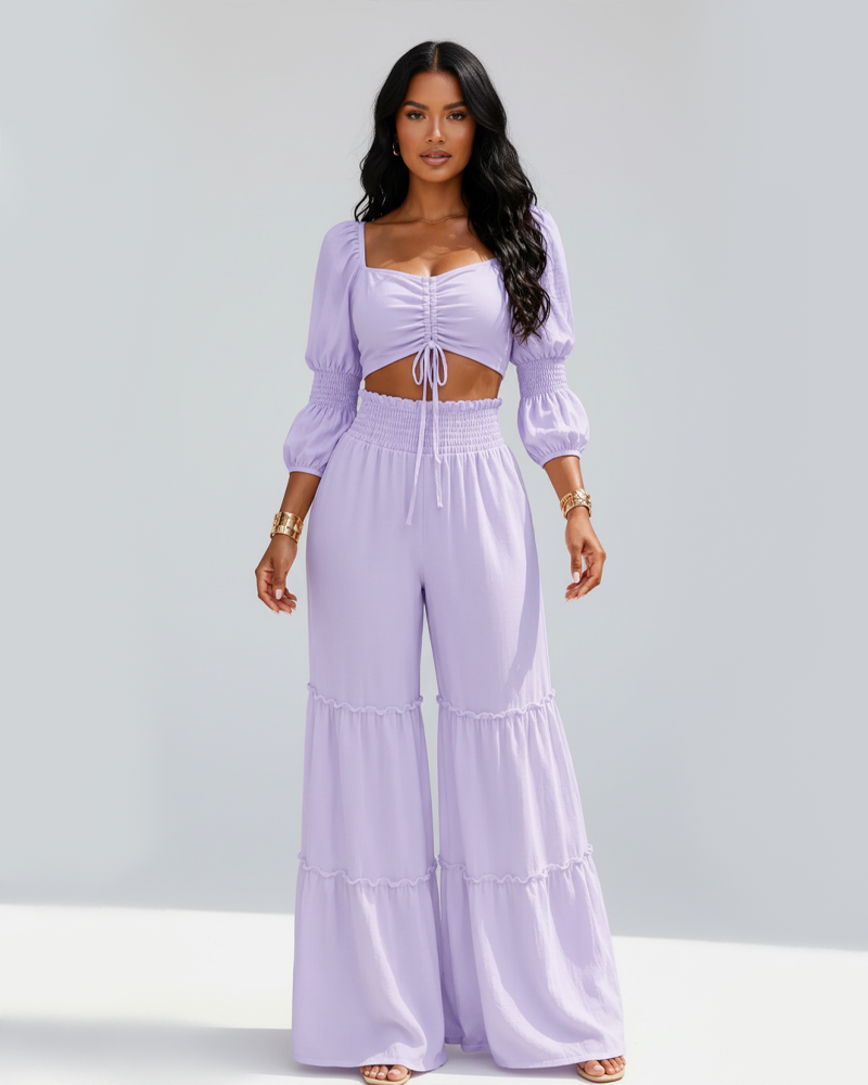Elegant Vacation Smocked Waist Puff Sleeve Crop Top Ruffle Long Pants Set