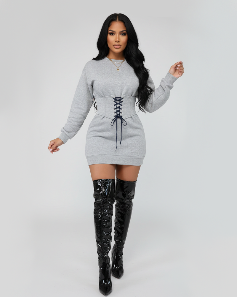 Crew Neck Long Sleeve Lace Up Corset Waist Sweatshirt Dress
