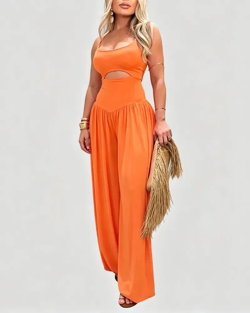 Waist Cutout Tie-Back Flowy Wide Leg Jumpsuit