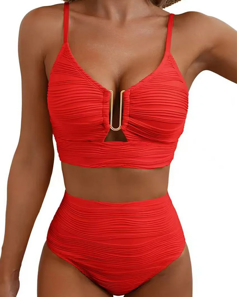 Two-Piece Bikini Set U-Shaped Underwire Hollow High Waist Textured Swimsuit