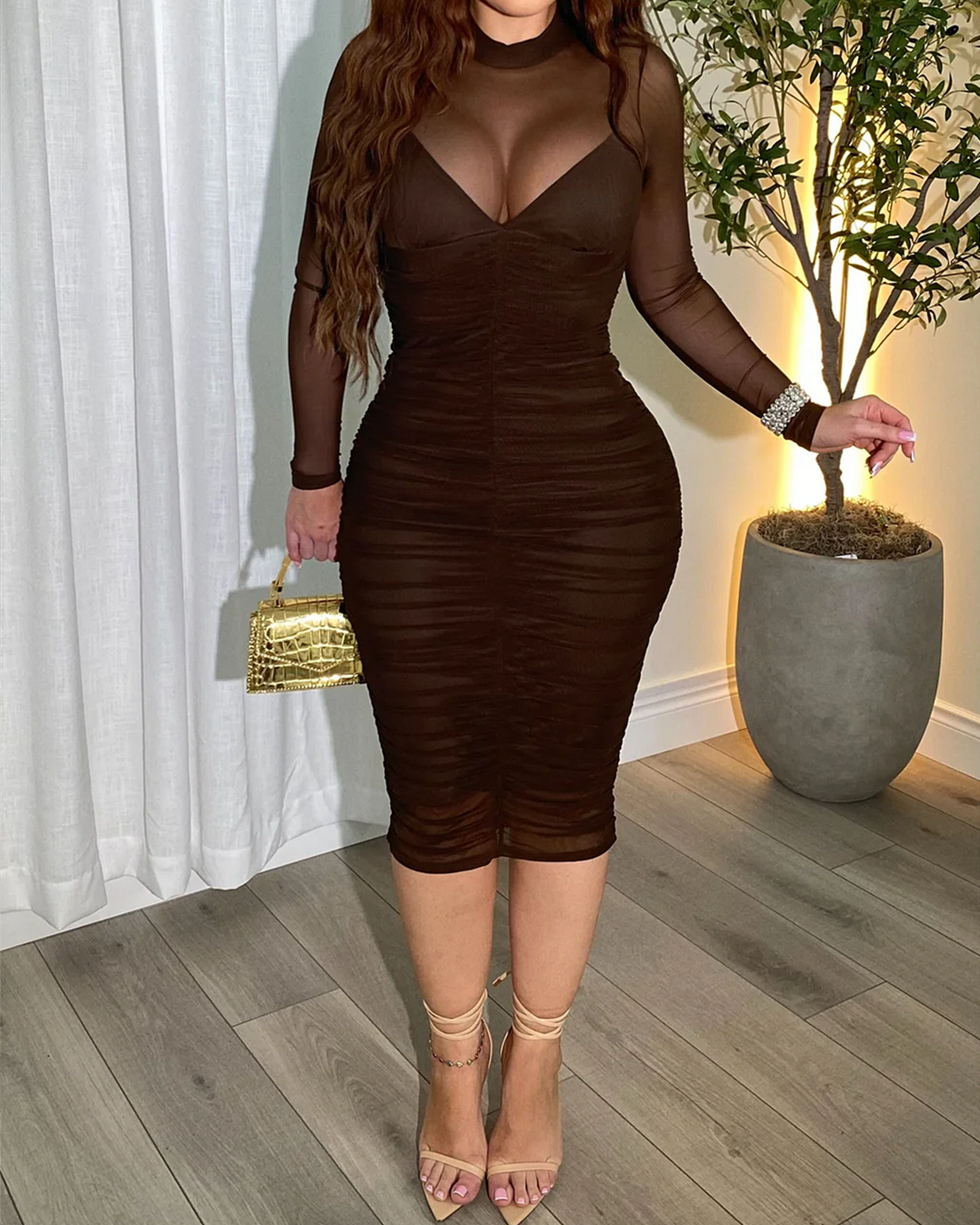 Mesh Splicing Breathable Long Sleeved Tight Dress（Pre-Sale）