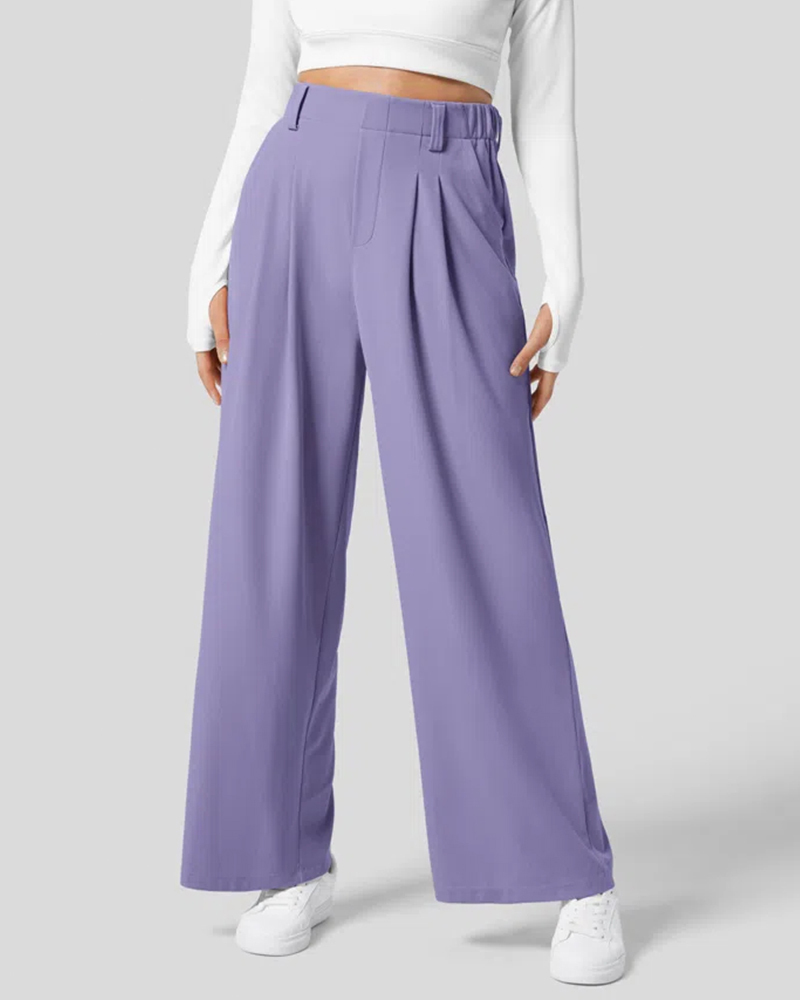 High Waisted Plicated Side Pocket Wide Leg Waffle Work Pants