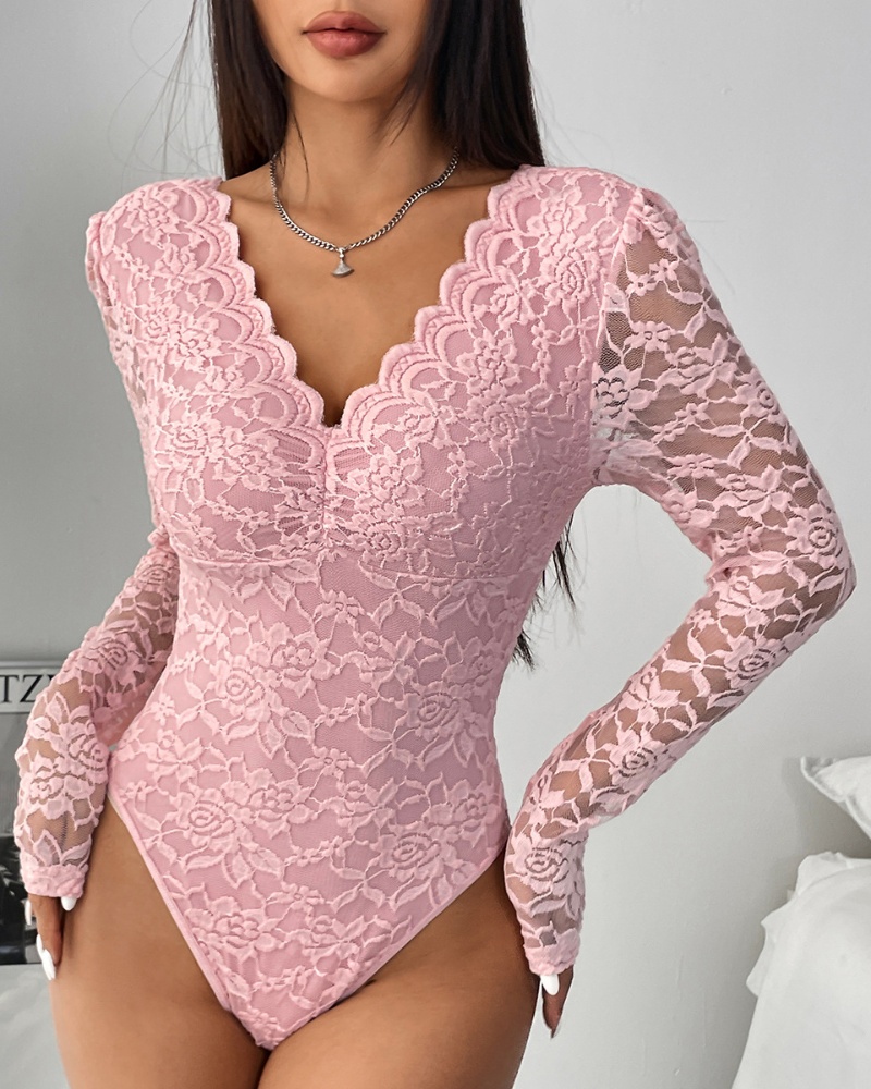 Floral Lace Sheer Long Sleeve Bodysuit V Neck Slim Fit Thong Body Shaper