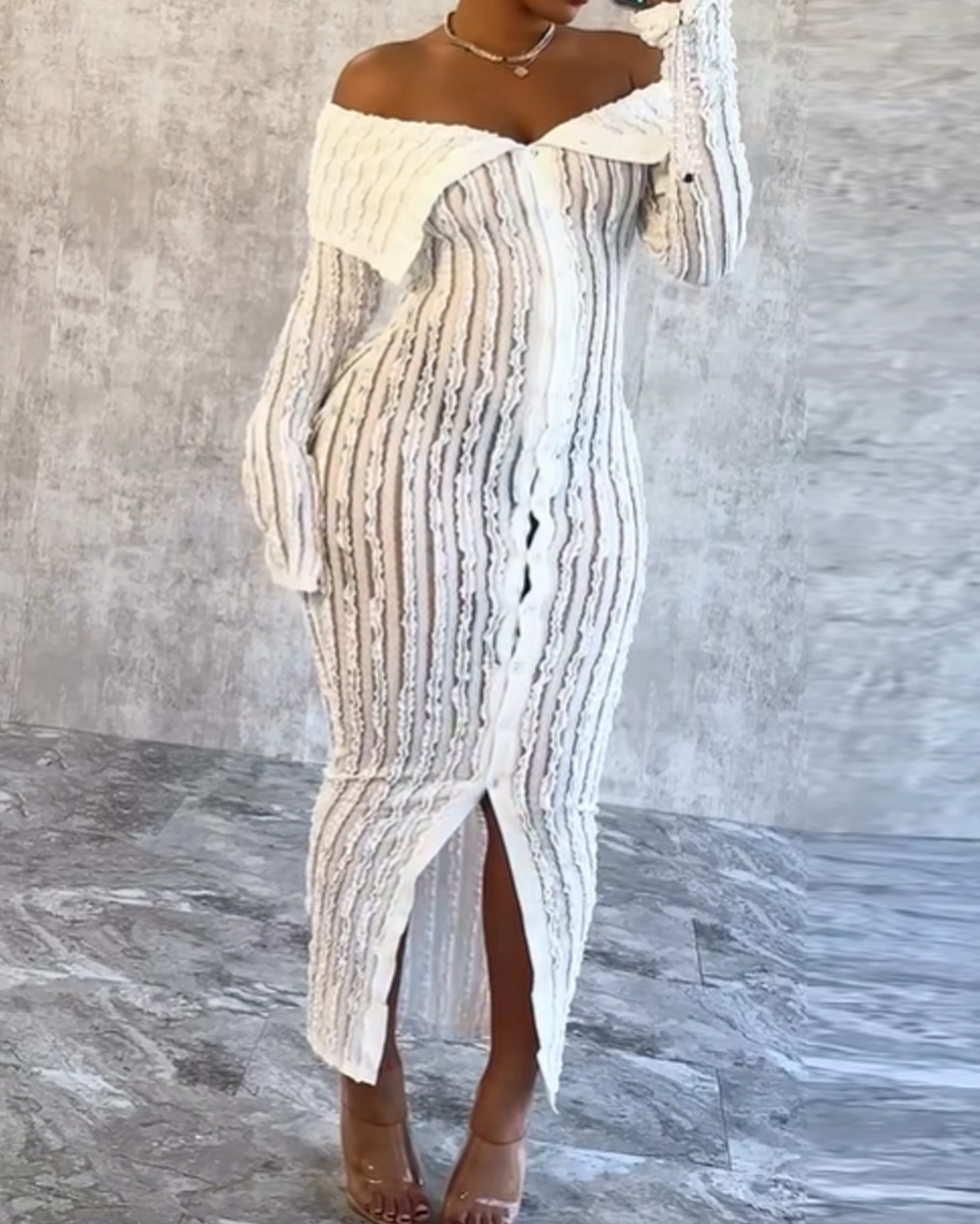 CURVY-FAJA Hourglass Lapel Wavy Long Sleeved Dress