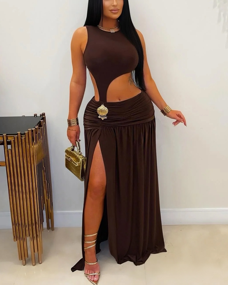 Solid Color Sleeveless Cropped Slit Dress