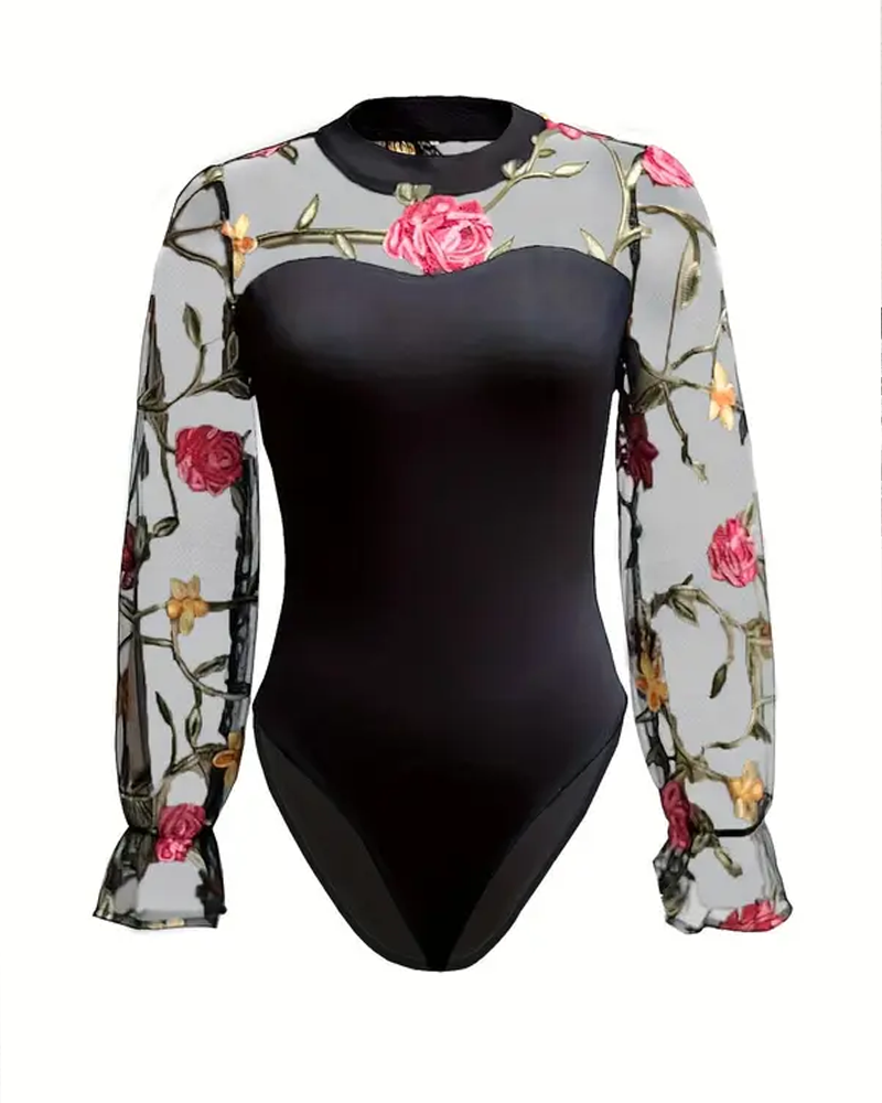 Women's Floral Embroidery Sheer Contrast Mesh Flounce Sleeve Bodysuit