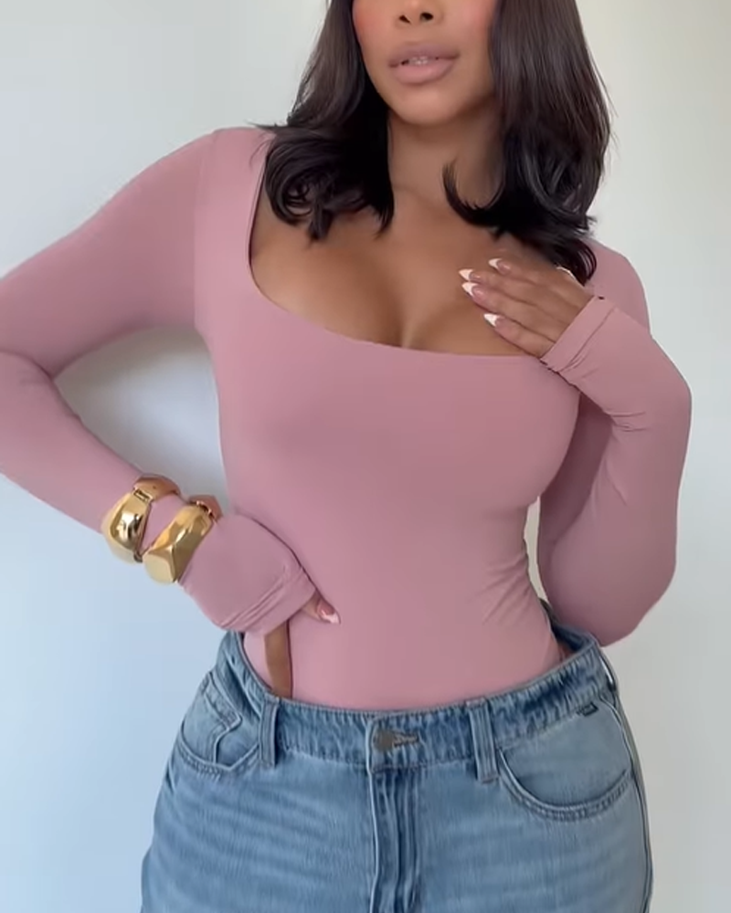 Square Neck Slim Tummy Control Long Sleeve Bodysuit（Pre-Sale）