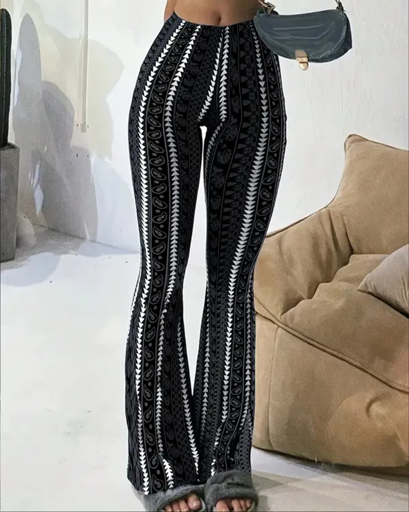Elastic Striped Geometric Print Flared Pants