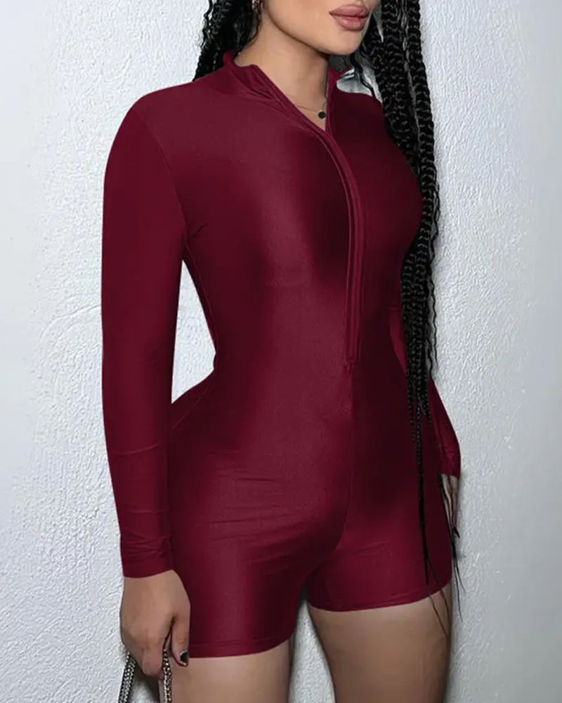 Zipper High Neck Slim Fit Long Sleeve Jumpsuit