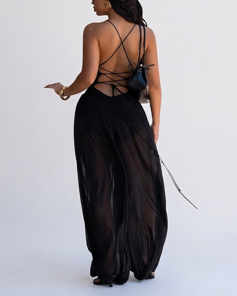 Vacation Style Lace-Up Back Slim Wide Leg Jumpsuit