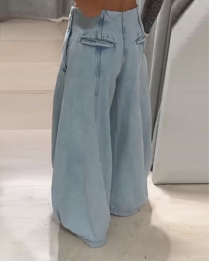 Retro Distressed Light-Colored Wide-Leg Trousers High-Waisted Balloon Style Jeans