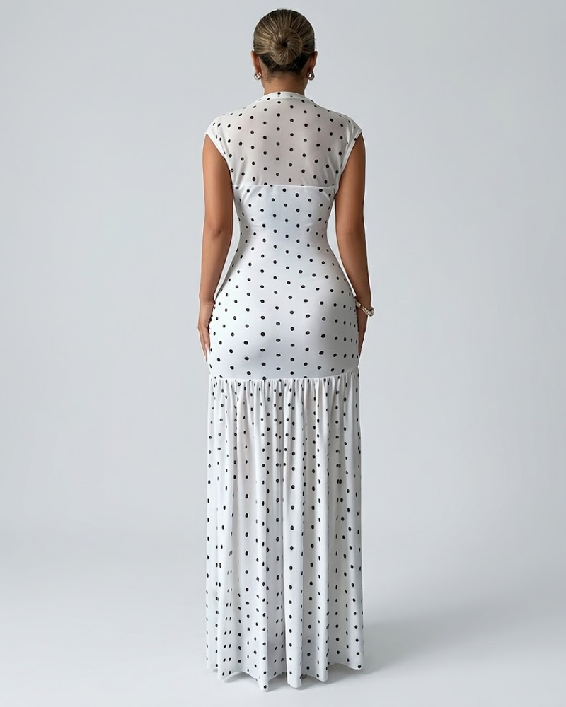 Elegant Polka Dot Print Sleeveless Maxi Dress Ruched Bust & Waist Slimming Long Dress