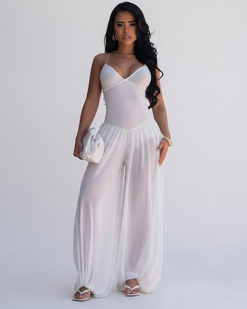 Vacation Style Lace-Up Back Slim Wide Leg Jumpsuit