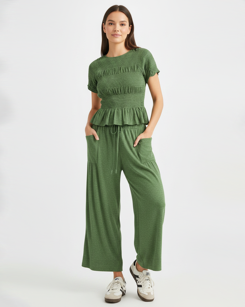 Bohemian Elastic Ruched Top High‑Waist Wide‑Leg Casual Pants 2‑Piece Outfit