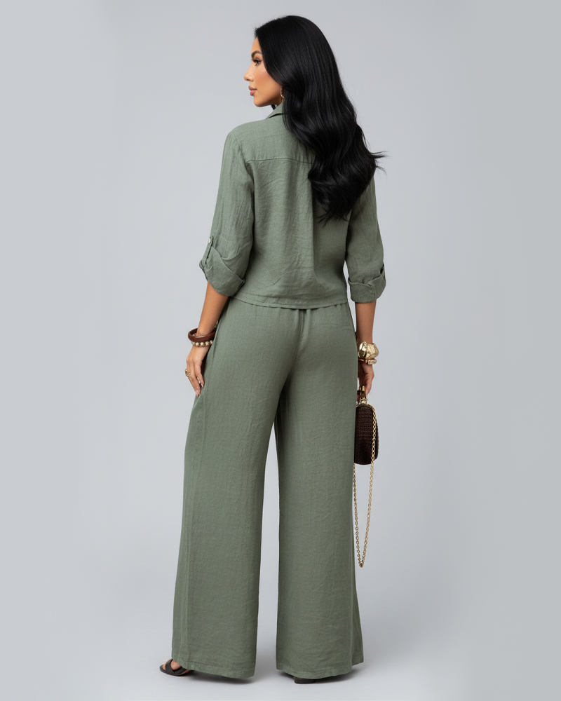 Tied‑Front Blouse Top & Button Decor Wide‑Leg Pants Two‑Piece Set