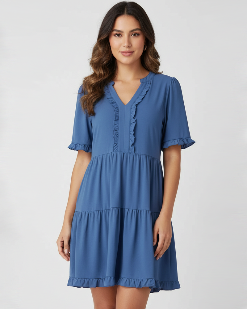 V‑Neck Ruffle Short Sleeve Casual Flowy Hem Mini Dress Summer Loose Swing Short Dress