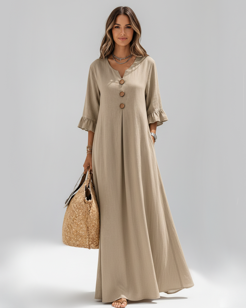 Bohemian V‑Neck Ruffle Sleeve Maxi Dress