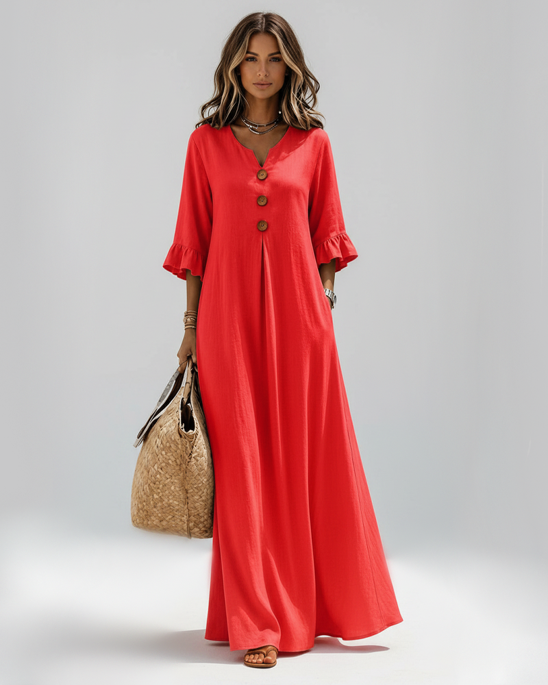 Bohemian V‑Neck Ruffle Sleeve Maxi Dress