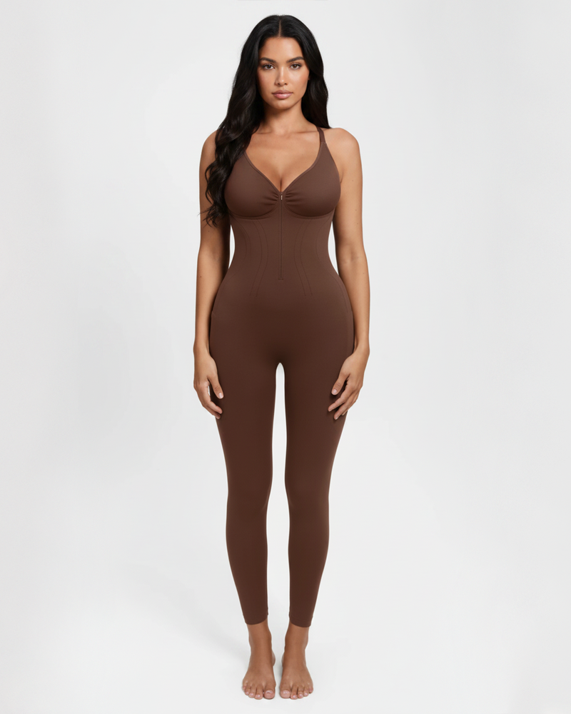Front‑Zipper Deep‑V Adjustable Straps Shapewear Jumpsuit（Pre‑Sale）