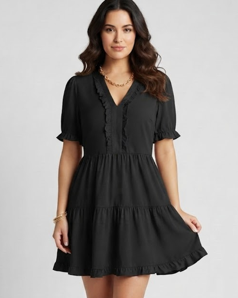 V‑Neck Ruffle Short Sleeve Casual Flowy Hem Mini Dress Summer Loose Swing Short Dress