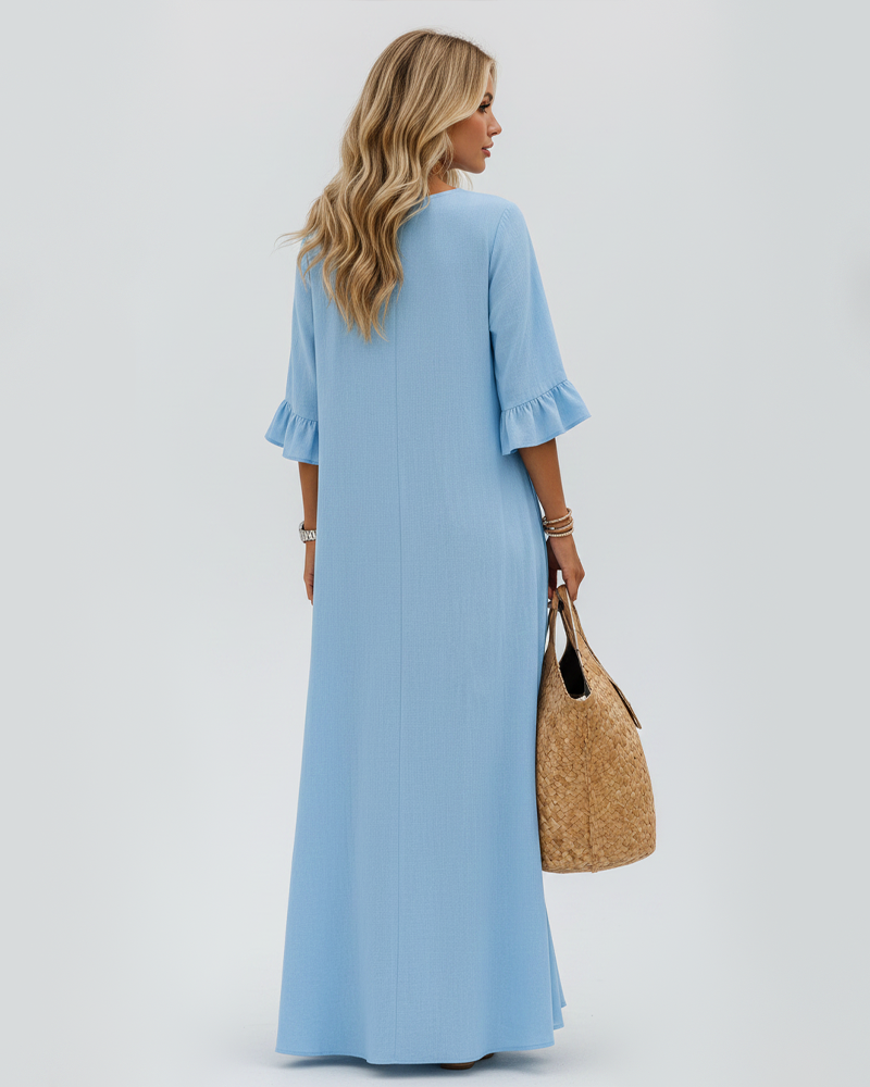 Bohemian V‑Neck Ruffle Sleeve Maxi Dress