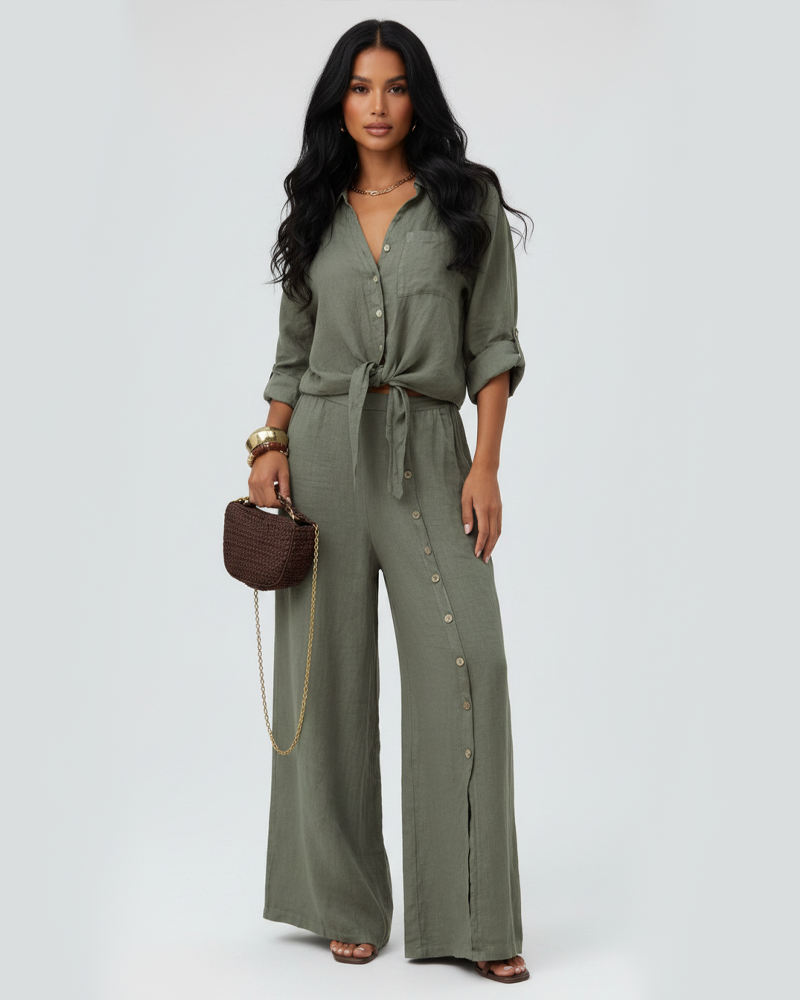 Tied‑Front Blouse Top & Button Decor Wide‑Leg Pants Two‑Piece Set