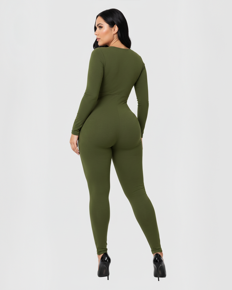 Deep V Front Zipper Long Sleeve Shaping Jumpsuit High Stretch Tummy Control Butt Lifter（Pre-Sale）