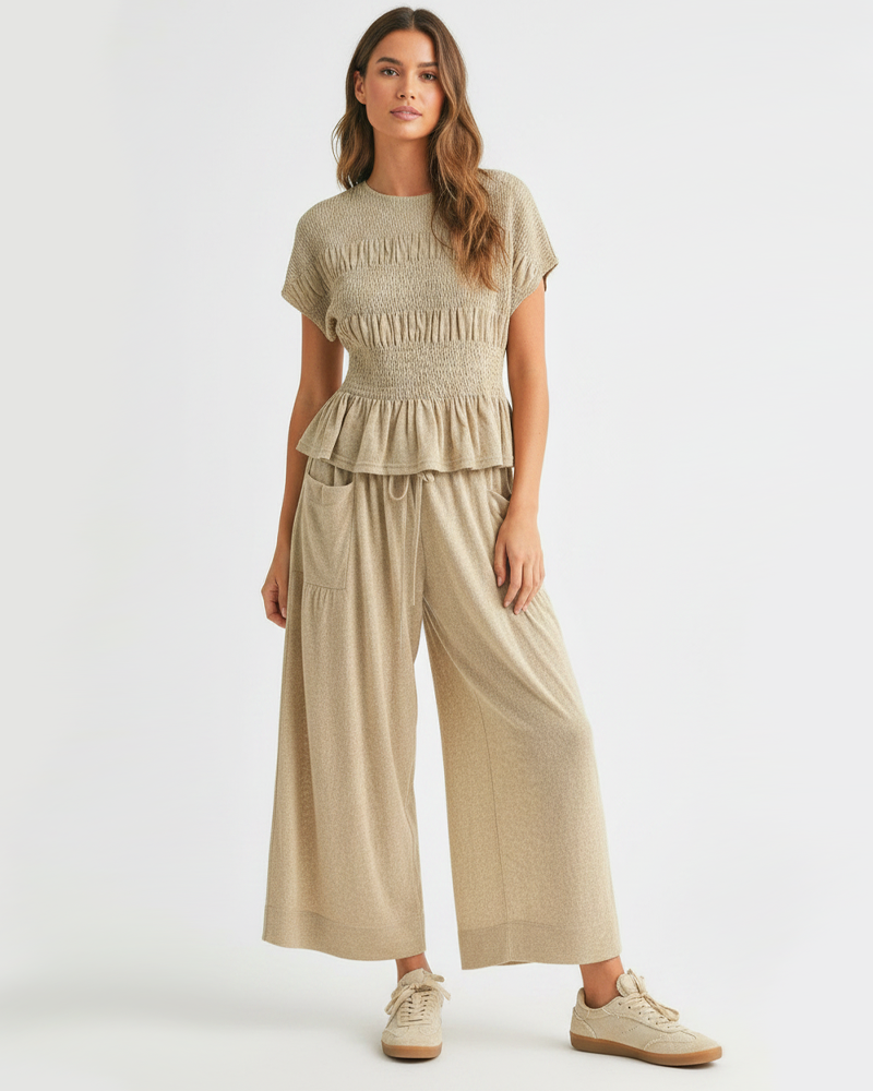 Bohemian Elastic Ruched Top High‑Waist Wide‑Leg Casual Pants 2‑Piece Outfit