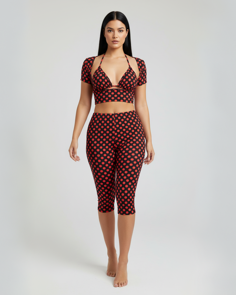 Women 3 Piece Set Polka Dot Triangle Bra Short Sleeve T-Shirt & Skinny Capri Pants Outfit