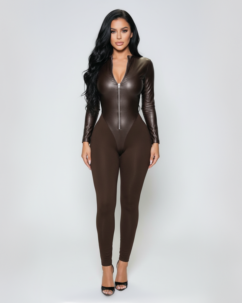Halloween Solid Color Faux Leather Panel Long Sleeve Slim Long Jumpsuit With Zipper