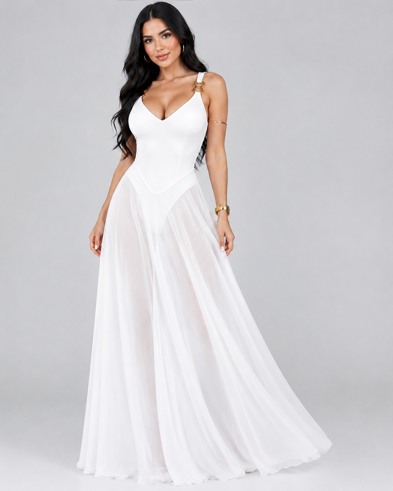 Elegant Sleeveless Deep V Neck Tulle Slip Dress