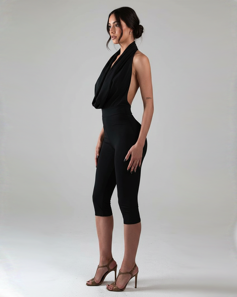 Draped Neck Back Tie Bodycon Fitted Cropped Jumpsuit