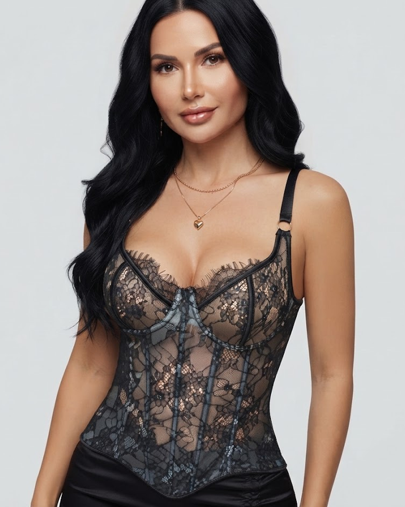 Lace Eyelash Adjustable Strap Back Lace‑Up Waist Cincher Corset Top