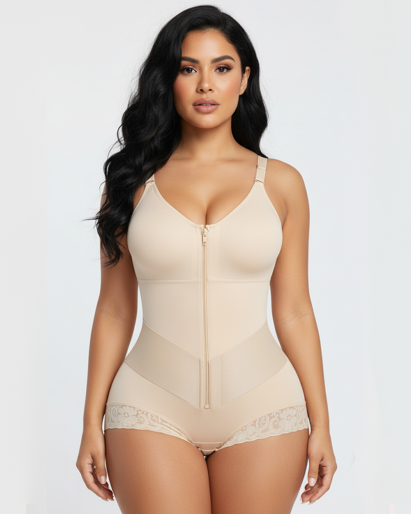 V‑Shape Compression Front Zipper Lace Trim Panty Shapewear Bodysuit